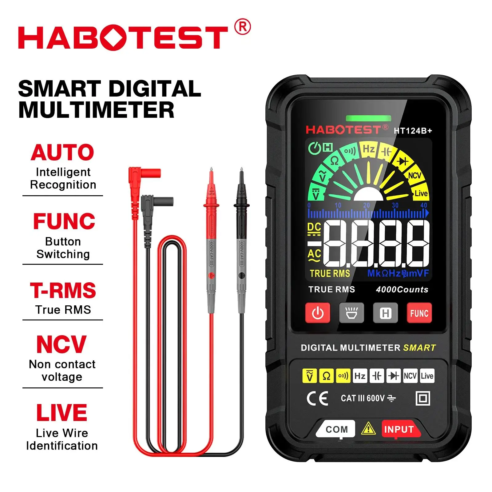 HABOTEST HT124 Series Digital Smart Multimeter 4000 Counts Auto Range Tester Ohm Hz Capacitance True RMS AC DC DMM Multitester