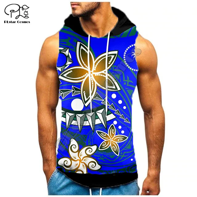 Polynesian Island Chuuk Flag Hibiscus Tattoos Unique Tribal Retro 3DPrint Summer Streetwear Casual Funny Sleeveless Hoodies A3