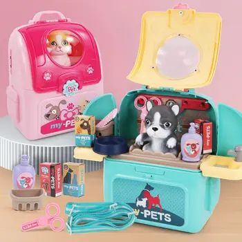Pet Care Play Set Dog Grooming Kit with Backpack Doctor Set Vet Kit Educational Toy Pretend Play for Toddlers Kids Children