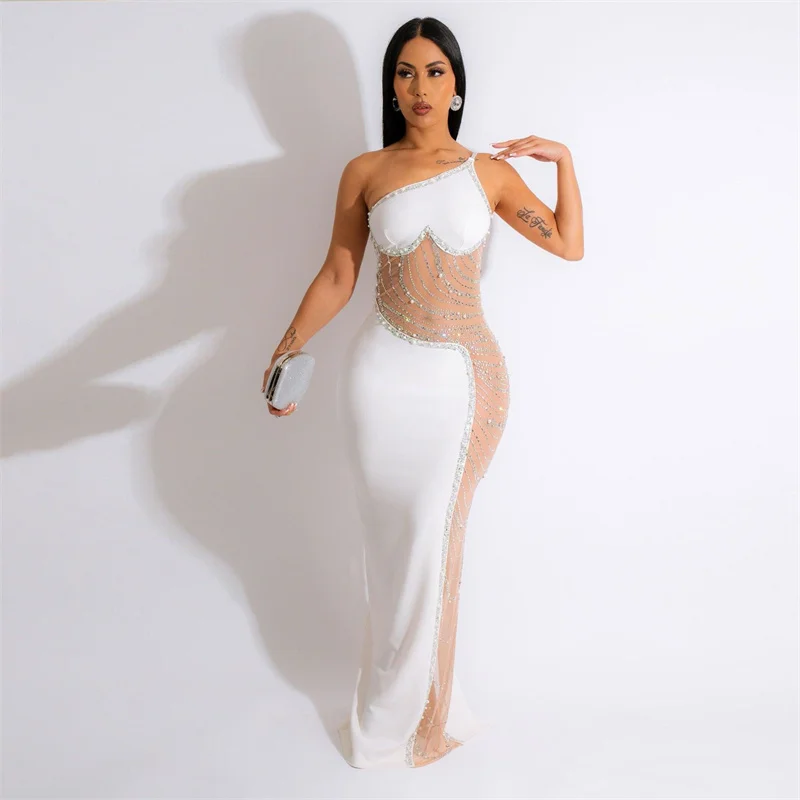 thumbnail image 1 of Vestido largo sexy con cristales y diamantes de imitación para mujer, elegante, de un solo hombro, de malla transparente, con retazos, para fiesta de noche y cumpleaños, 1 of 5