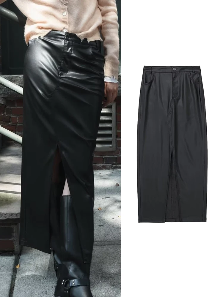

TRAF Women Faux Leather Straight Skirts Fashuon Zipper Black Mini Skirt High Waist Front Split Skirt Streetwear Mid-Calf Skirts