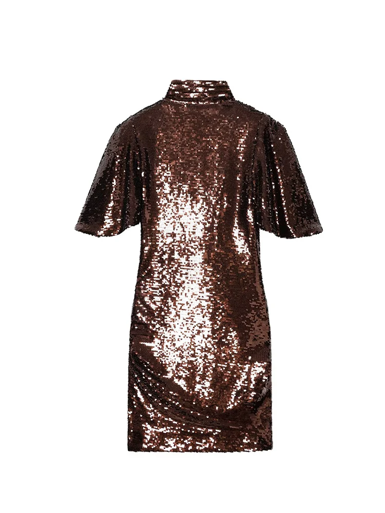 Sexy Solid Sequin Dress For Women Chic Short Sleeve Scarf Neck Slim Fit Mini Dresses 2026 New Lady Evening Party V Neck Dress
