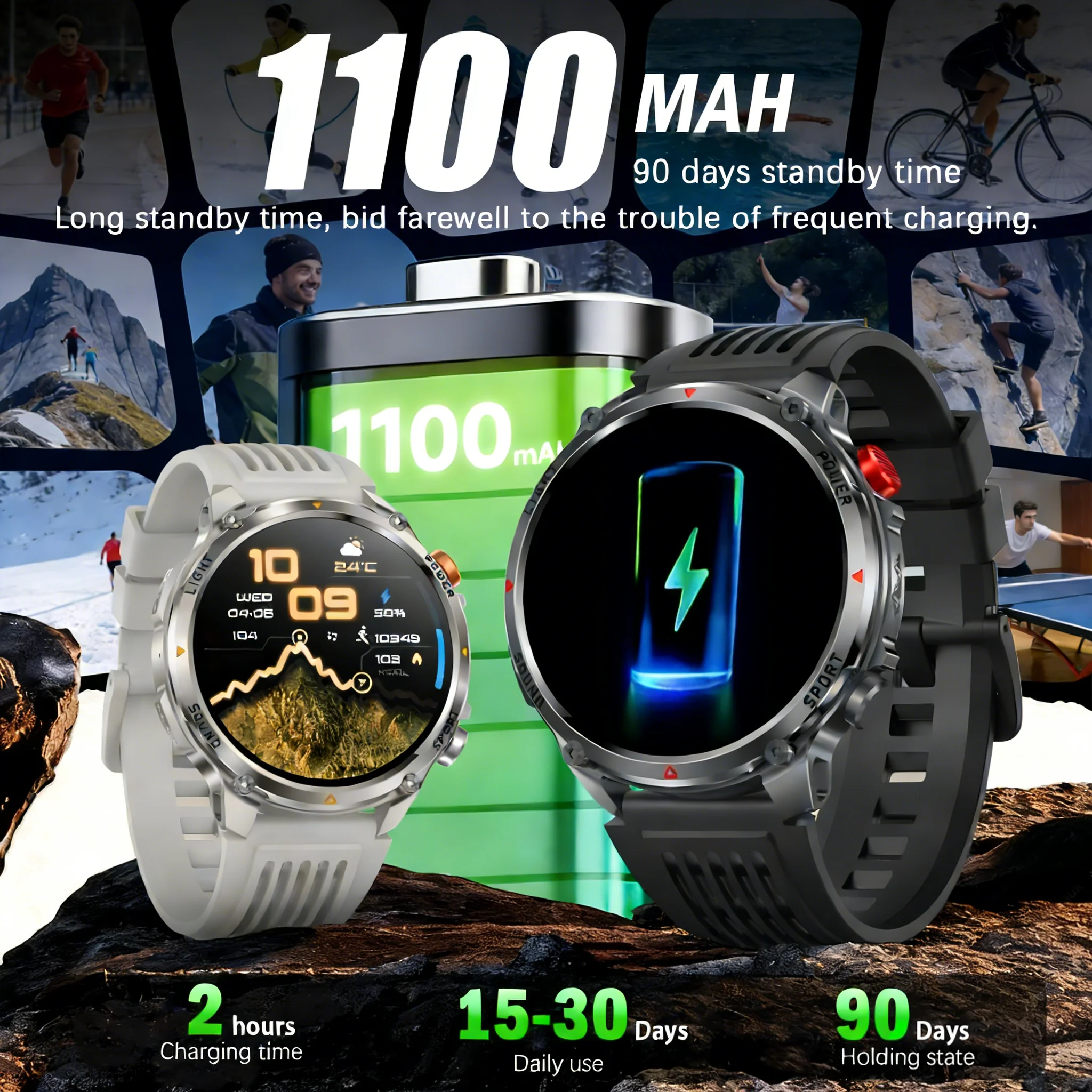 2026 Edition Military Outdoor Sports Smartwatch 1.7-inch AMOLED screen 1100 mAh battery LED flashlight Bluetooth call Waterproof 2