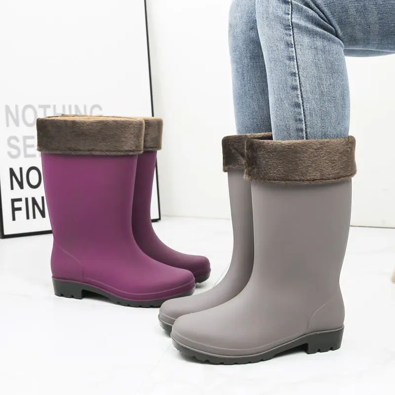 New Women Fashion Mid-calf Rain Boots Waterproof Solid Color Non-slip Rainboots Female Water Shoes Wellies Boots