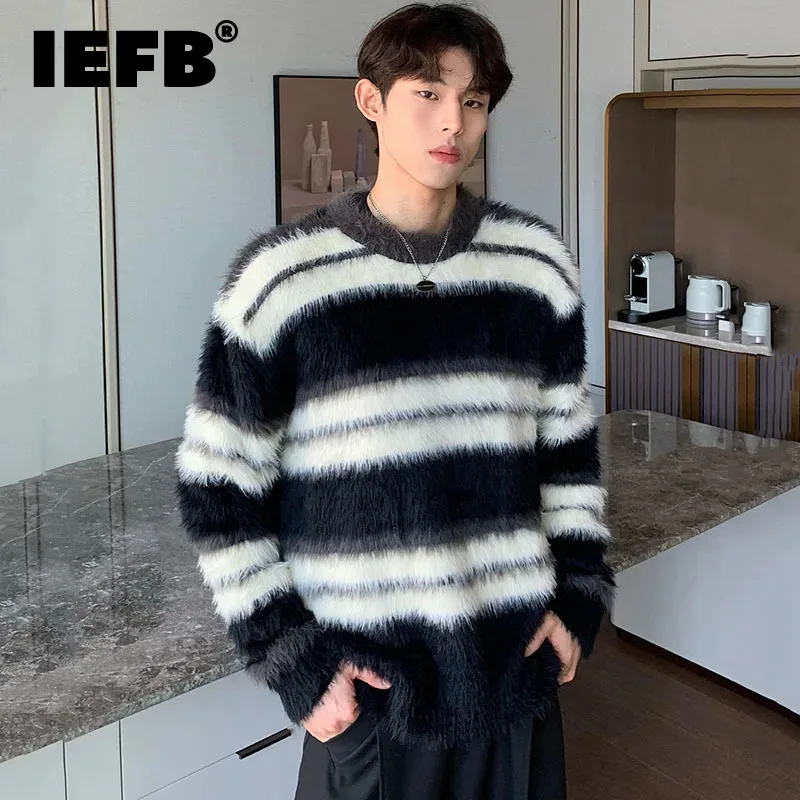 

IEFB Round Neck Men's Imitation Mink Fur Sweaters Stripe Contrast Color Male Knitting Pullovers Casual Spring New Fashion 9C4367