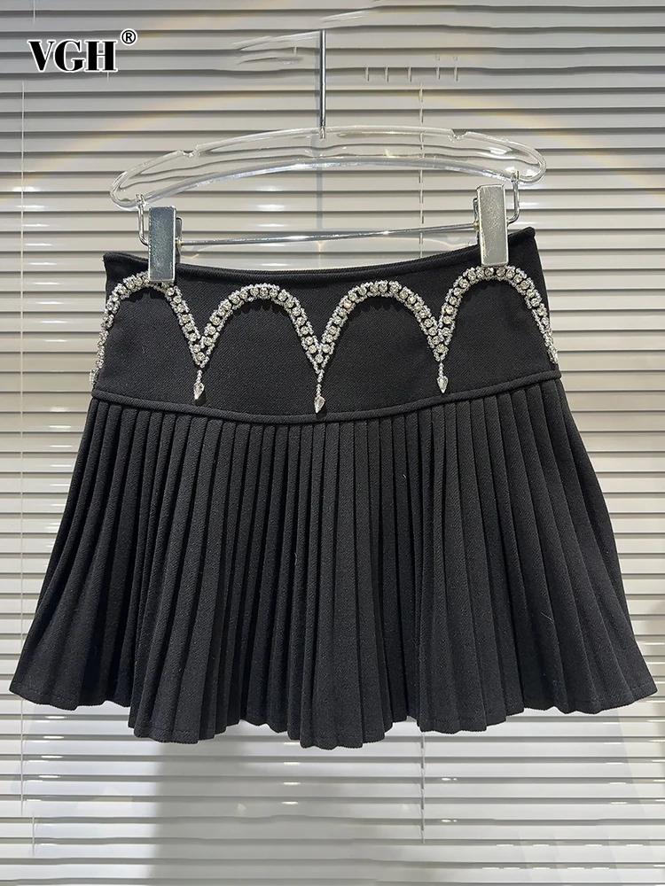 

VGH Patchwork Diamonds Solid Casual Skirts For Women High Waist Spliced Zipper Temperament Mini Pleated Skirt Female Fashion New