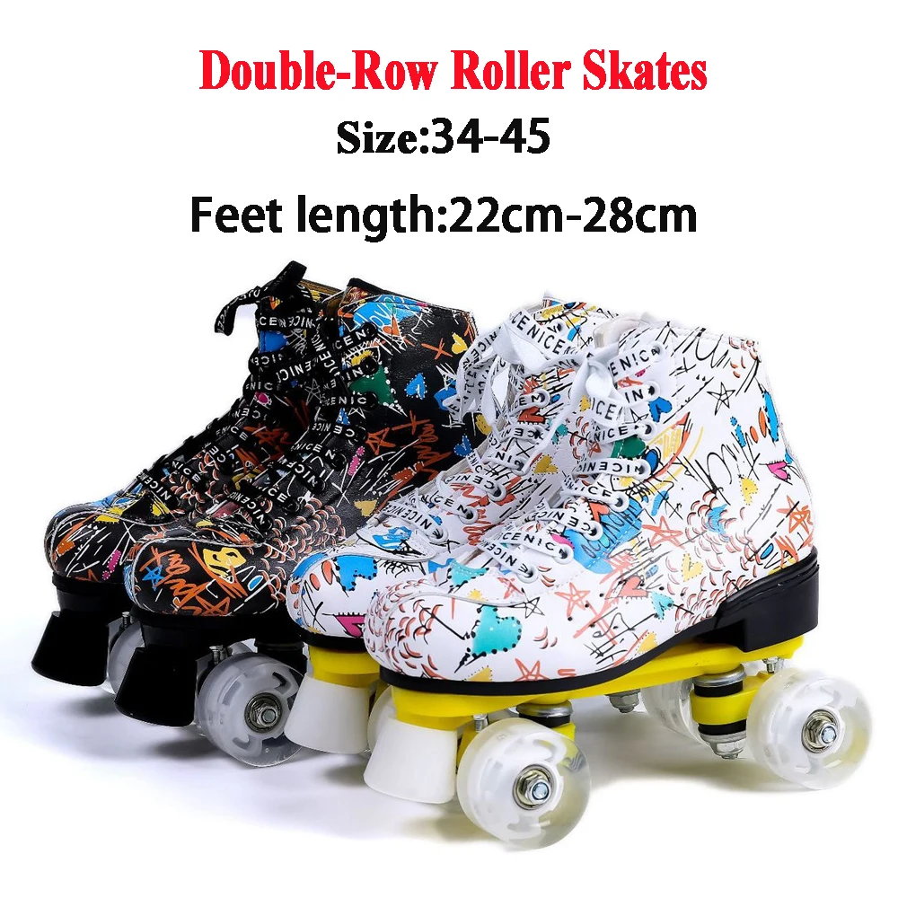 Flashing Roller Skate Shoes For Women Men Adult Beginner Double-Row 4 Wheels Skates Doodle Print Outdoor Skating Sports Sneakers