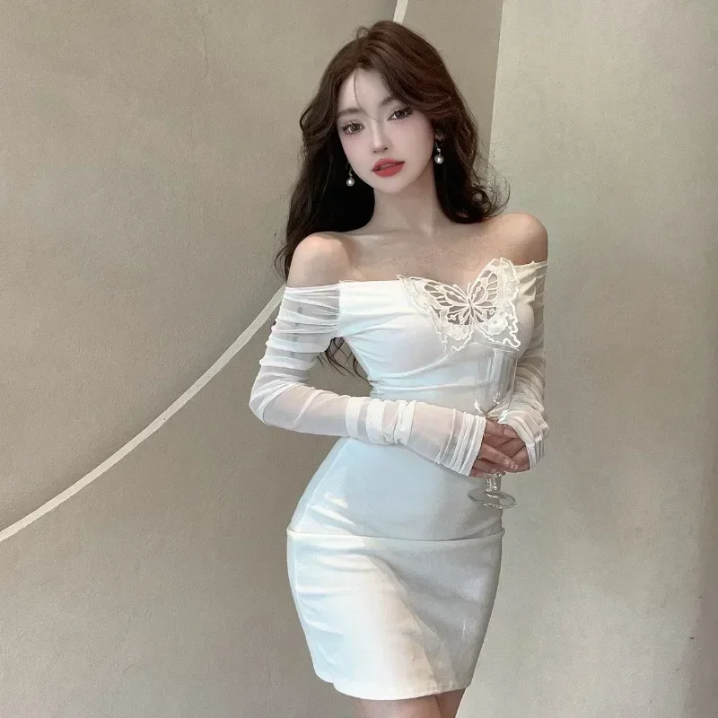 

Sexy Dresses Mesh Stitching Shoulder Collar 2024 Long Sleeve Hip Short Dress