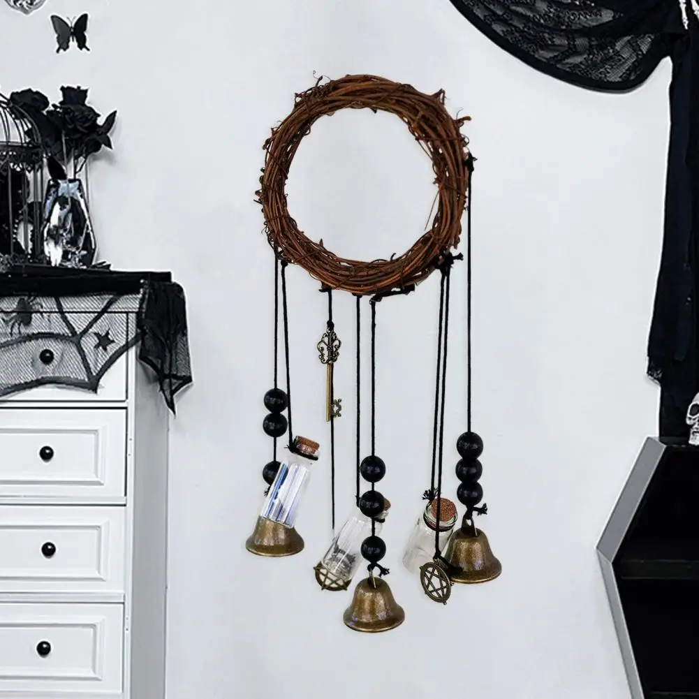 Witch Wind Chime Wiccan Wind Chime Handmade Brass Bell Witchcraft Door Hanger with Wishing Bottle Rattan Wreath Home for Wicca 2