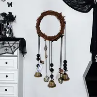 Witch Wind Chime Wiccan Wind Chime Handmade Brass Bell Witchcraft Door Hanger with Wishing Bottle Rattan Wreath Home for Wicca 2