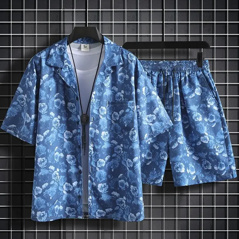 thumbnail image 1 of Conjuntos de camisas para hombre, conjuntos de playa blancos, conjunto de 2 piezas, conjunto coreano de dos camisetas, pantalones cortos, trajes para hombre, elegantes, 5xl, elásticos, sueltos, fresco, 1 of 5