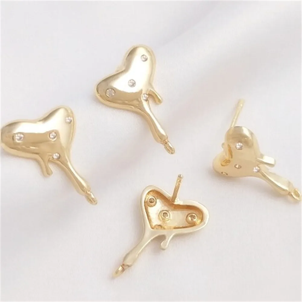 14K Gold-plated Zirconium Fused Heart Earrings with Hanging Earrings 925 Silver Needles DIY Peach Heart Earrings Accessories