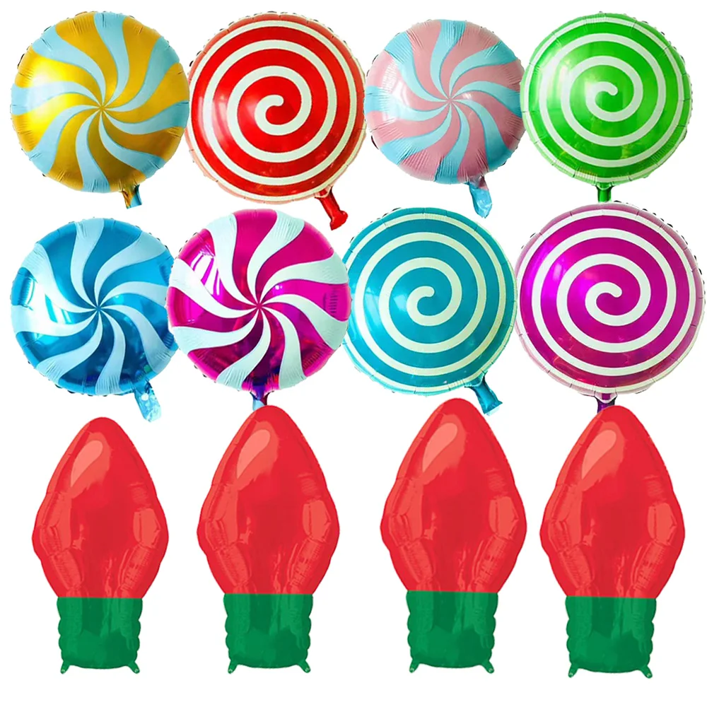 

50 Pcs Christmas Birthday Decor Supplies Light Bulb Balloon And Xmas Candy Cane Mylar Balloons Set Red Green Sweet Candies Theme