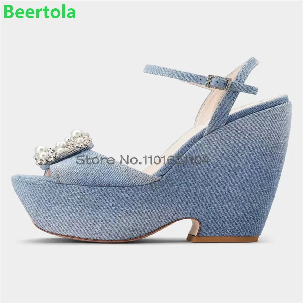 

Женские босоножки на платформе и массивном каблуке с кристаллами, Новинка лета 2024, Элегантная Модная классическая обувь с круглым носком и ремешком на щиколотке с пряжкой