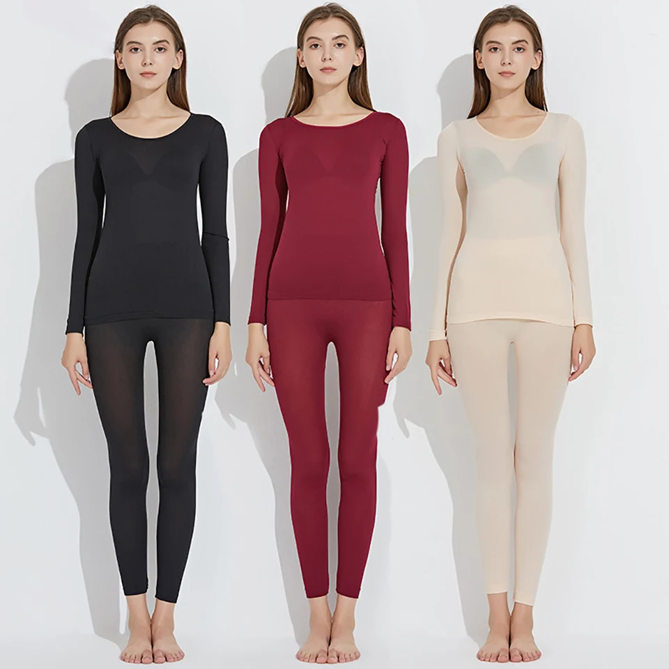 Women's Long Sleeve Underwear Ultra Thin Long Johns Crewneck Thermal Underwear Sets Warm Base Layer 2pcs Suit