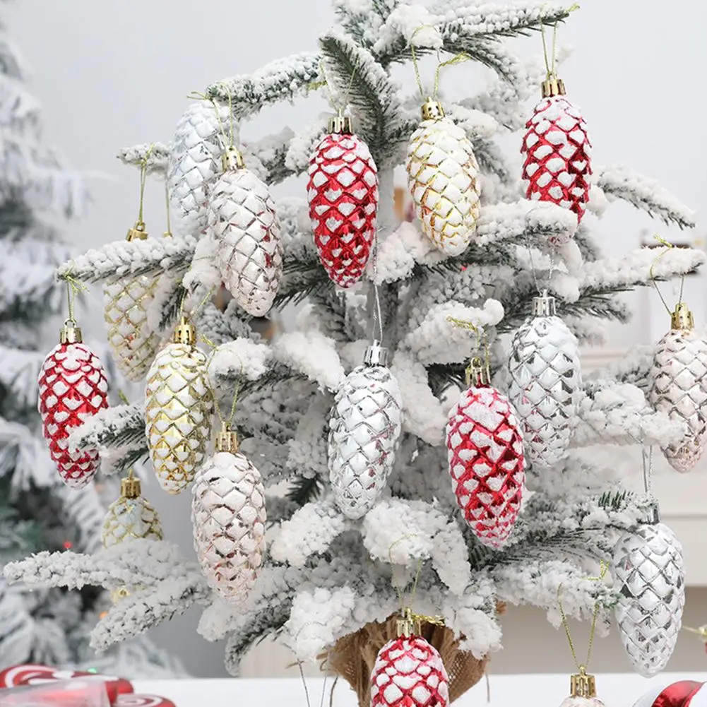 Plastic Painted Pine Cone Ball Xmas Pendants Lanyard Christmas Decoration Props Hanging Ornaments 10Pcs