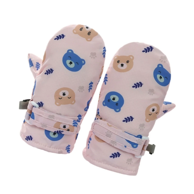 B2EB Windproof Children Warm Snow Gloves Printed Cartoon Bear Thicken Thermal Mitts