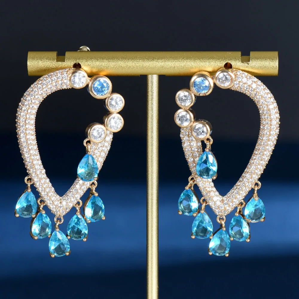 

Fashion Unique Round Water Drop CZ Stone Elegant Blue Dangle Earrings Luxury Designer Ladies Party Jewelry Accessories E-1107