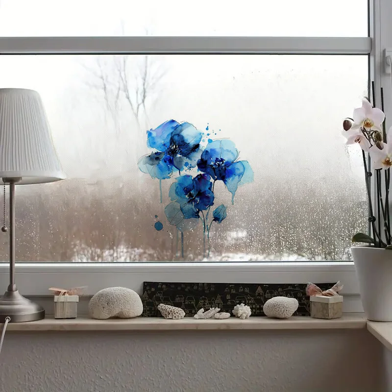C1118# Various Blue Flowers Toilet Stickers, Bedroom Entryway Living Room Porch Home Decoration Wall Stickers, Removable Sticker