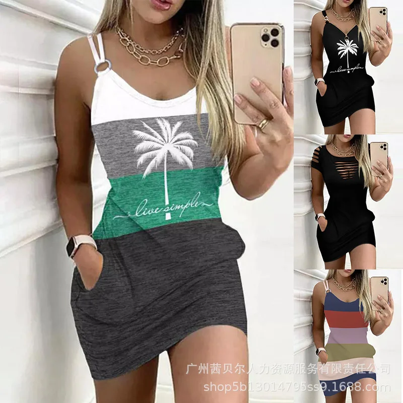 

Summer Dress Women 2023 New Color Matching Pocket Mini Dress for Women