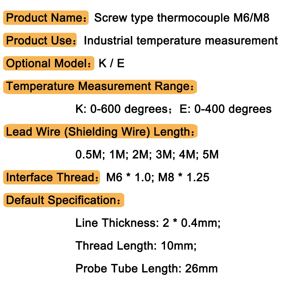 Thermocouple M6 M8 threaded thermal resistance temperature sensor temperature line probe K type E type 0.5M 1M 2M 3M temperature sensor,gas thermocouple valve