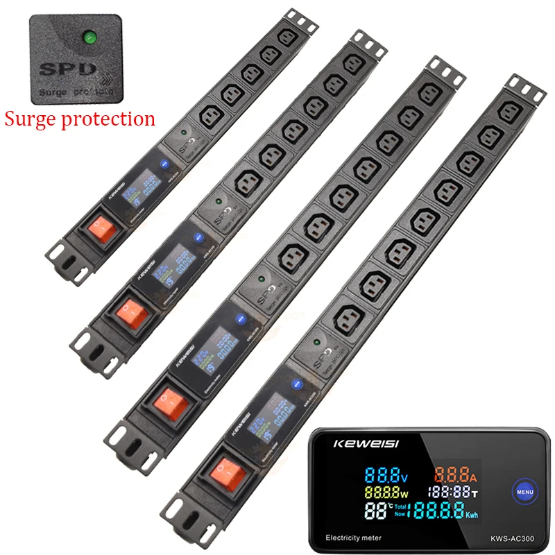 

PDU power strip Digital V/A/W/℃ detection Electricity meter surge protector 2/3/4/5/6/7/8/9 Ways IEC C13 Outlets 2Meter Cord