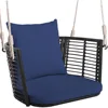Metal Porch Swing, Single Person Hanging Seat w/Woven Rattan Backrest, 2 Sturdy Hanging Ropes, Patio Swings 1