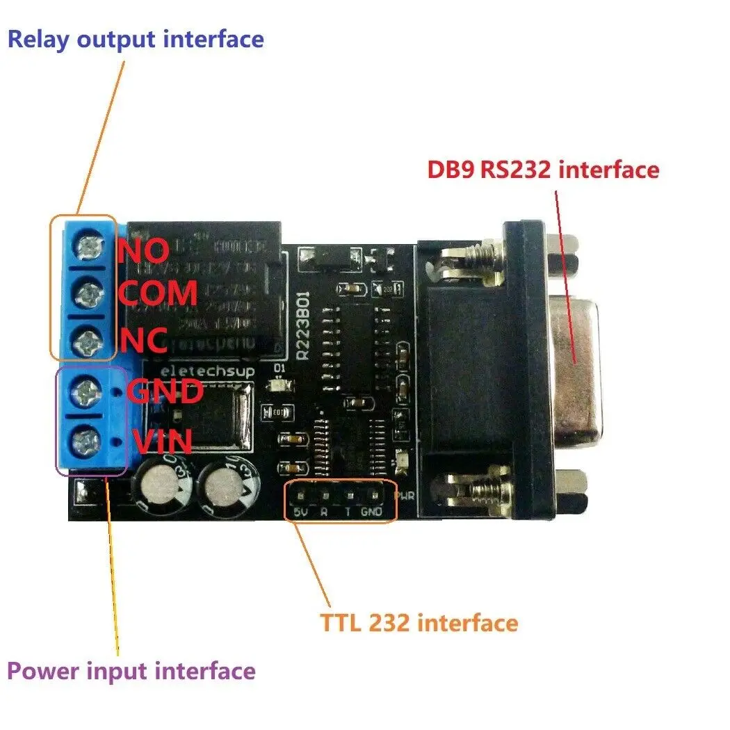 2 in 1 명령 제어 스위치 보드, 12V RS232 TTL232 PC COM DB9 직렬 UART PLC 지연 릴레이 AT 8 바이트