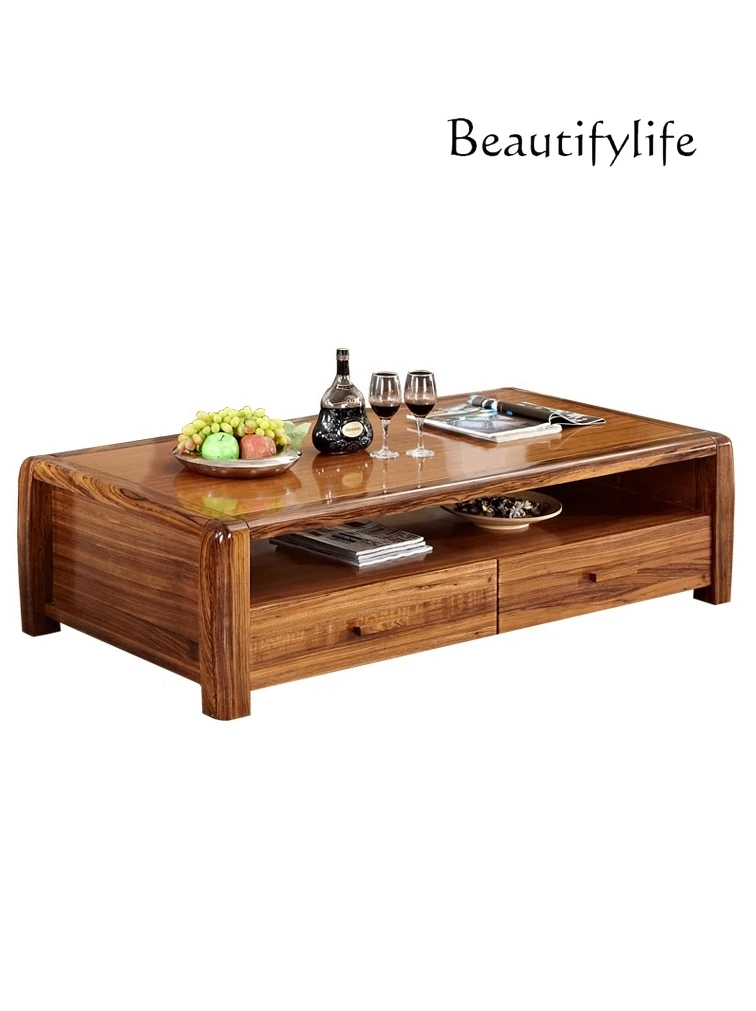 

New Chinese Style Ugyen Wood Solid Wood Tea Table Modern Minimalist Living Room with Drawer Double Layer Square Table