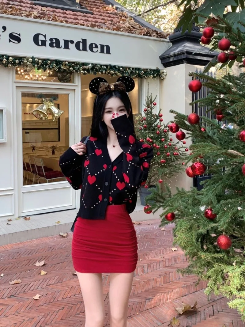 

Christmas Love V-neck Cardigan Wrap Hip Skirt Two Piece Set Women Sweet Pleated Single Breasted Soft Fashion New Year Winter Set