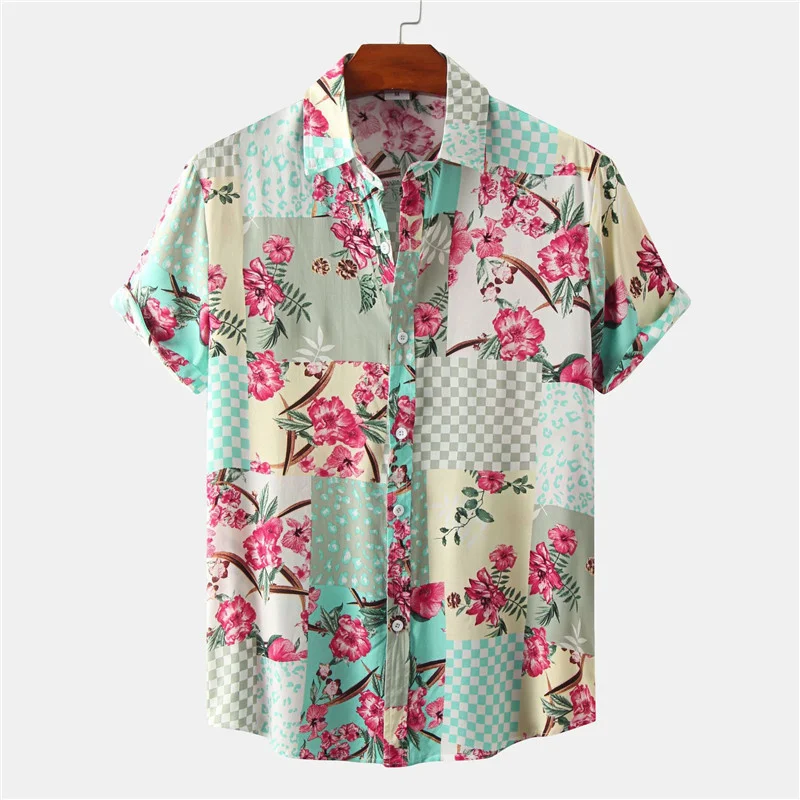 

Mens Hawaiian Shirts Flower Checked Patchwork Full Print Button Up Shirt Beach Breathable Vacation Men Clothing