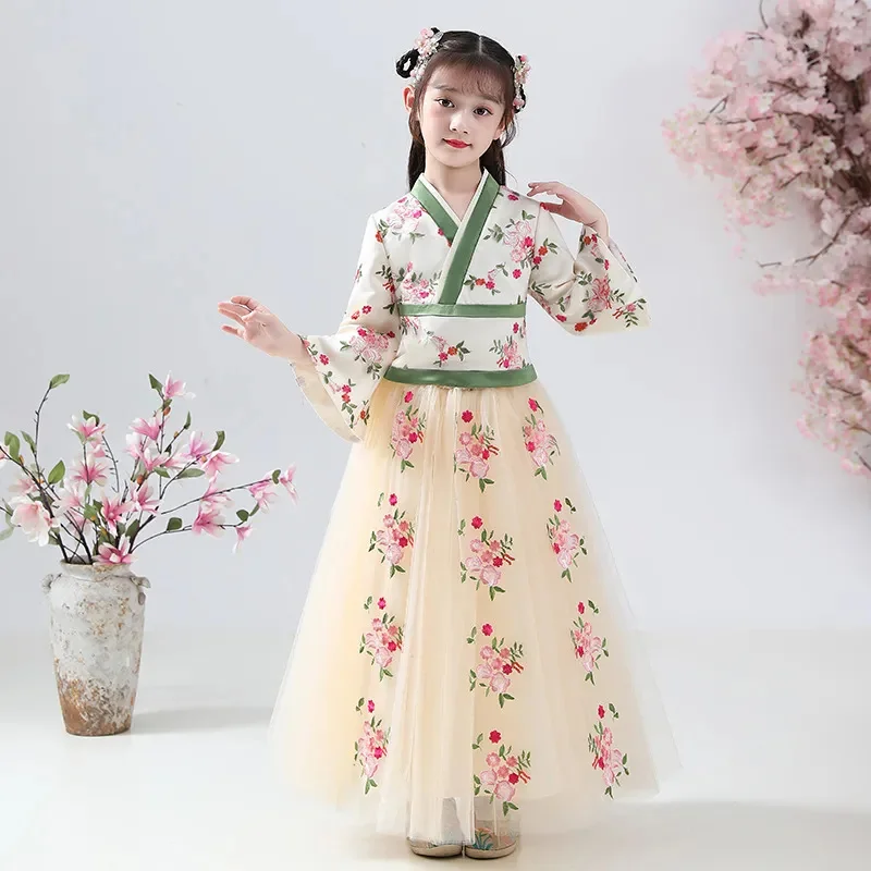 

Girl Mesh Print Hanfu Dress Tangsuit For Spring Autumn 2024 New V-Neck Long Sleeve Patchwork Fashion Princess Dresses Vestidos
