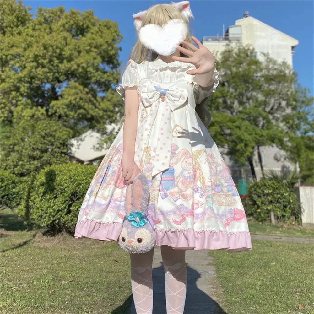 Cute Rabbit Printing Blue Wave Dot Bowknot Girls Sweet Lolita Dress Elegant Princess Vestidos Kawaii Loli Cosplay Lolita Jsk