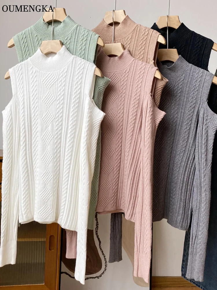 

OUMENGKA Turtleneck Shoulder Strapless Pullover Knit Sweater Women Long Sleeve Pull Femme Spring Autumn Solid Sueter 6 Color