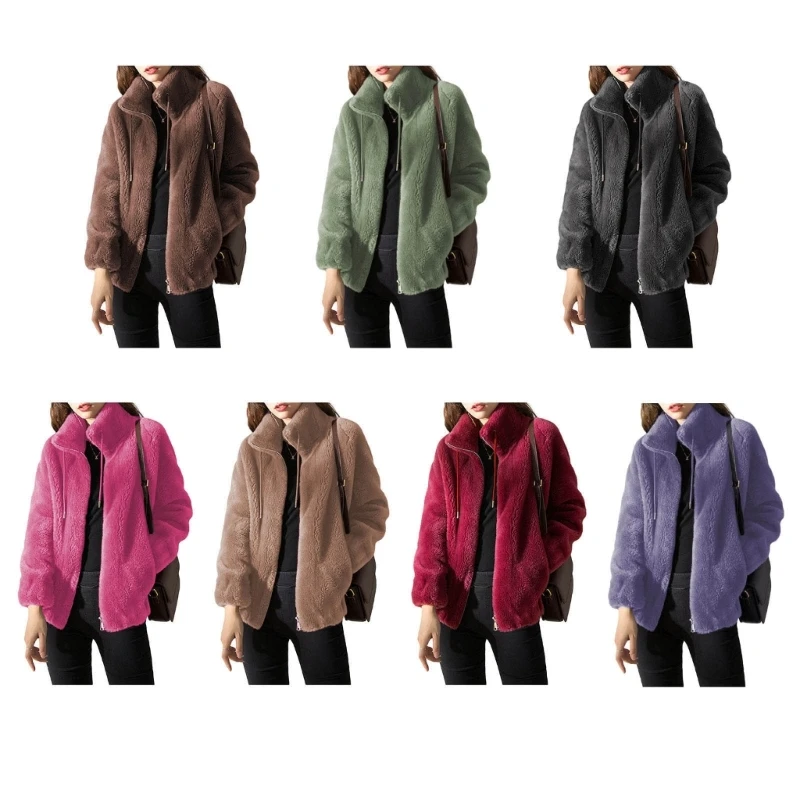 

Women Long Sleeve Solid Fleece Coat Sweatshirt Stand Collar Zipper Up Winter Warm Fuzzy Outwear Jackets with Pockets Dropship