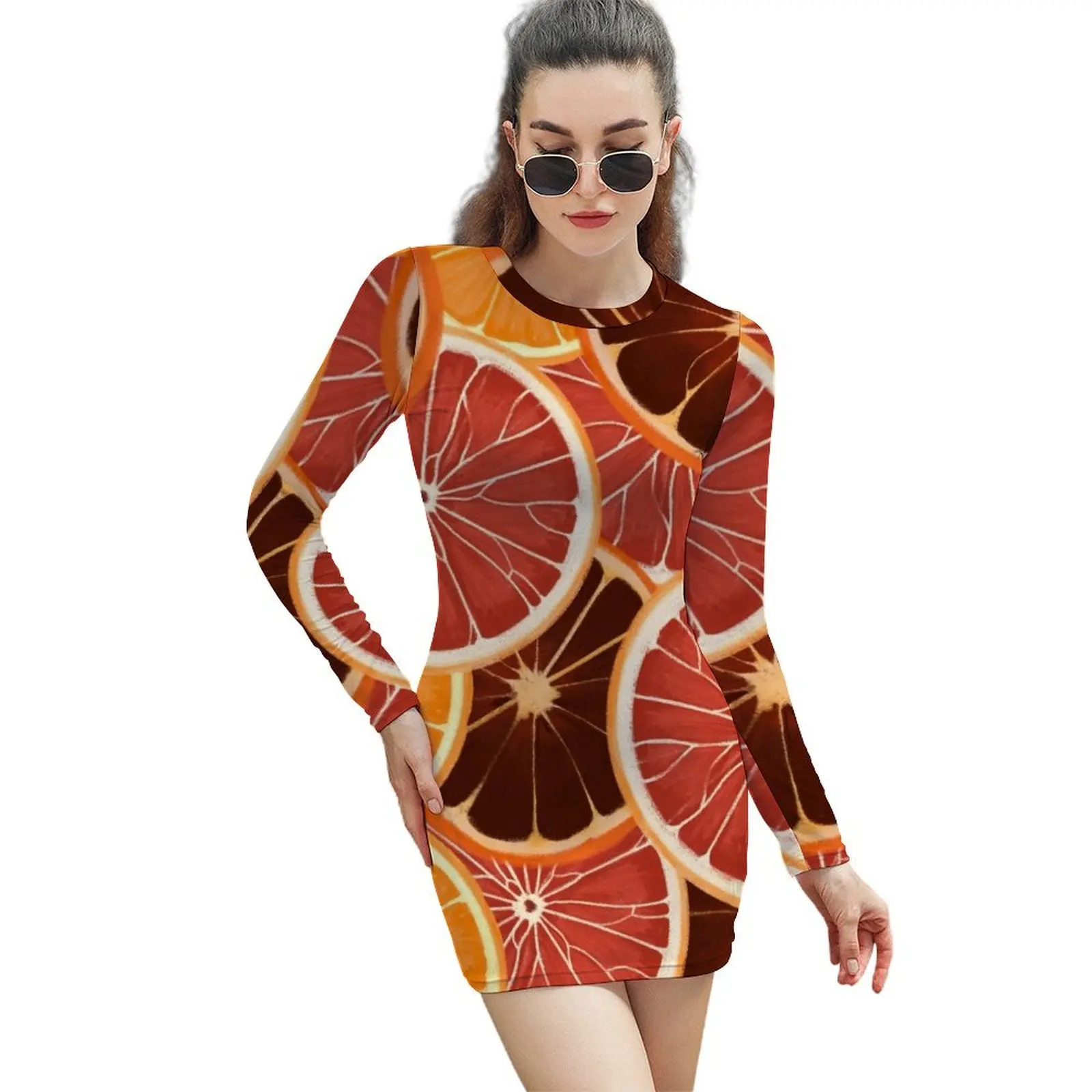 

Платье-футляр с длинными рукавами и изображением цитрусовых, женская одежда, женские платья для женщин 2024