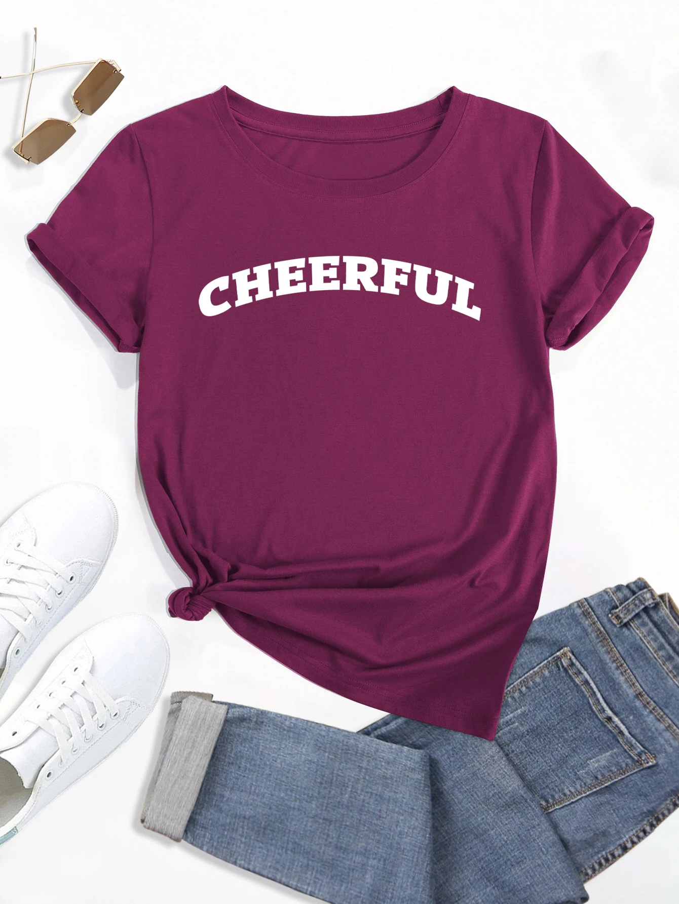Camiseta de talla grande 'Cheerful', camiseta estampada con cuello redondo, camisetas casuales holgadas de manga corta de verano de moda para mujer, camisetas para mujer_voghion.com