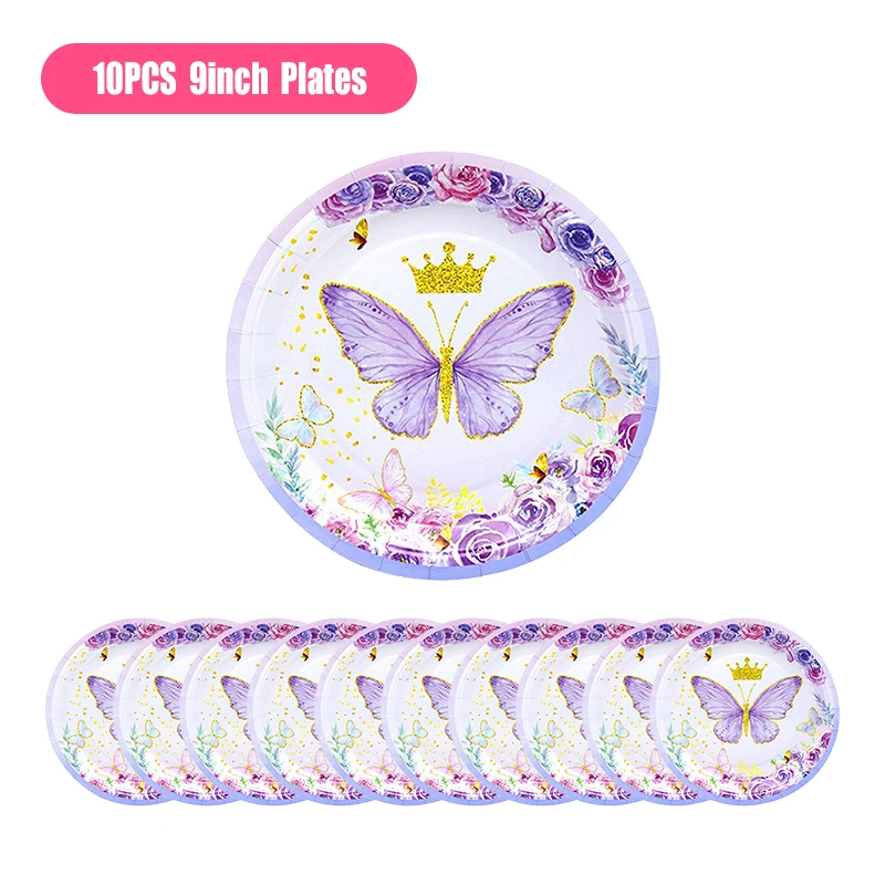 thumbnail image 1 of Decoración de fiesta de cumpleaños con mariposas, vajilla, platos de papel, vasos, fondo de mariposa morado y rosa, pancarta, regalos para bebés y niños, 1 of 5