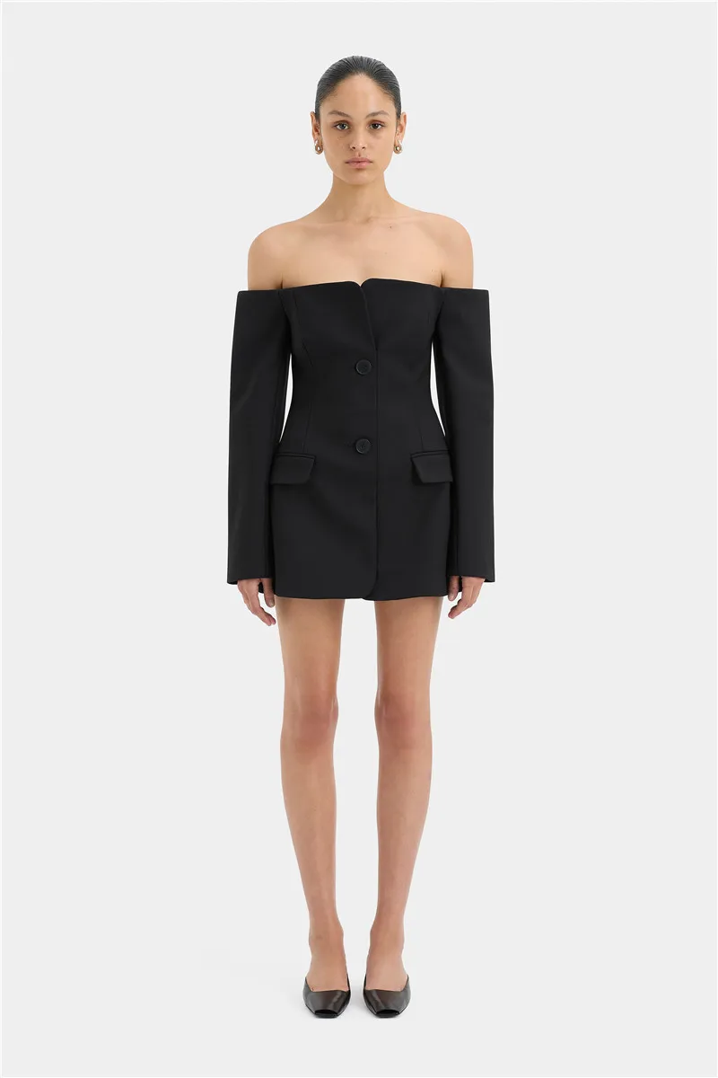Off-shoulder Strapless Sexy Blazer Dress For Women Fashion Solid Zipper Two Pocket Long Sleeve Backless Mini Dress