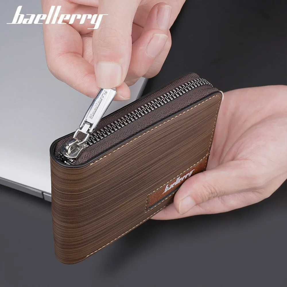 Baellerry Men's PU Wallet, 2 Colors (Coffee/Blue), RfID Blocking, Zipper Closure, Multi - Slot with Concealed Pocket