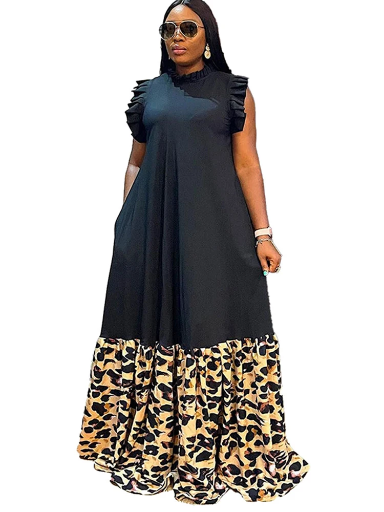 African Dress Long African Maxi Dress Women Leopard Print Patchwork Robes Africa Clothing Summer Fashion Streetwear