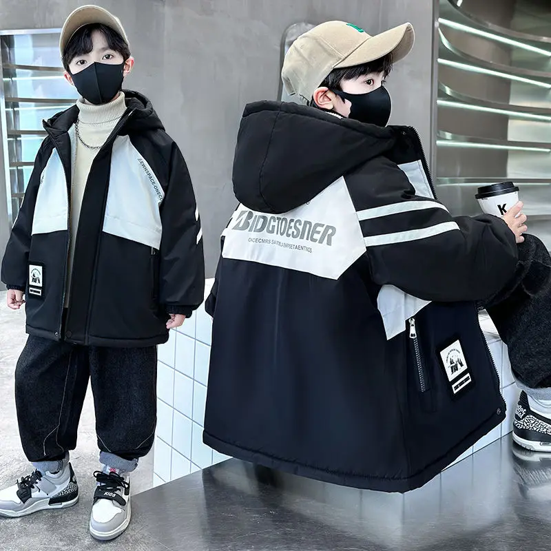 Winter Thicken Cotton Coats for Boy Hooded Jackets Kids Outerwear Clothing Teenager Long Warm Cold Proof Snowsuits 5-14Yrs