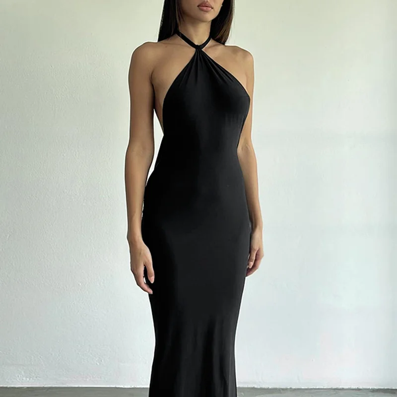 Vestido halter sexy para mujer, de verano, de color liso, sin mangas, con lazo, espalda descubierta, ajustado, estilo Y2K, para fiesta y club nocturno