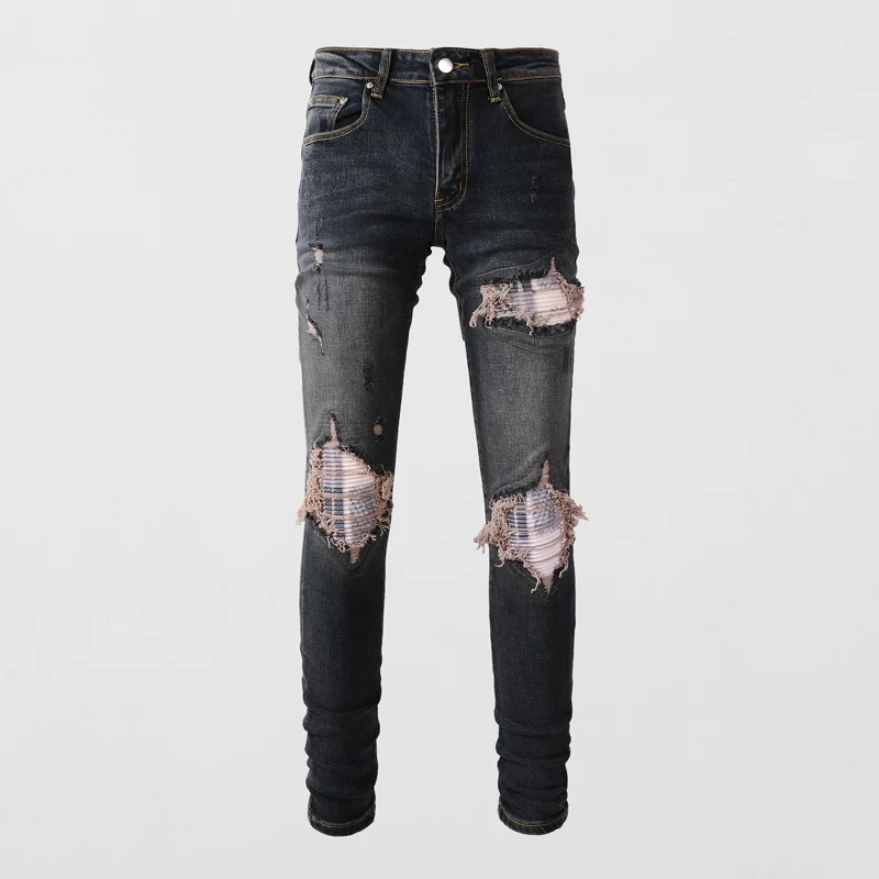 

Street Fashion Men Jeans Retro Black Blue Stretch Ripped Jeans Men Skinny Trousers Patched Designer Hip Hop Brand Pants Hombre