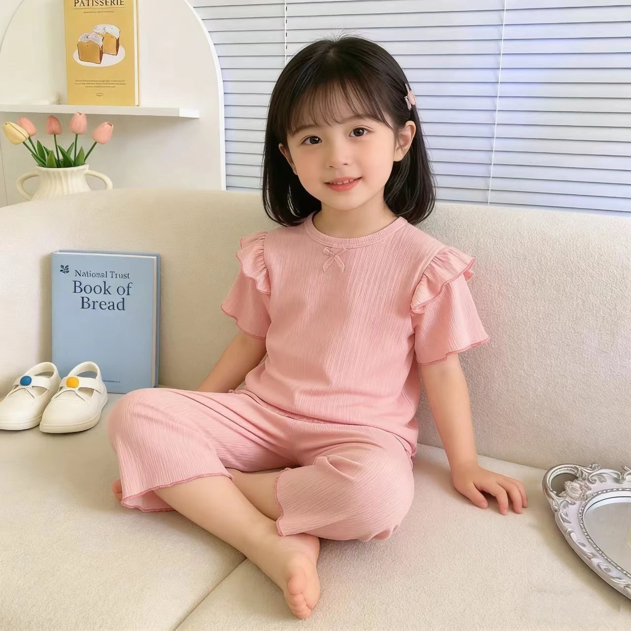새로운 여름 여아  반팔 아이스 실크 파자마 홈웨어 투피스 세트 가벼운 소재