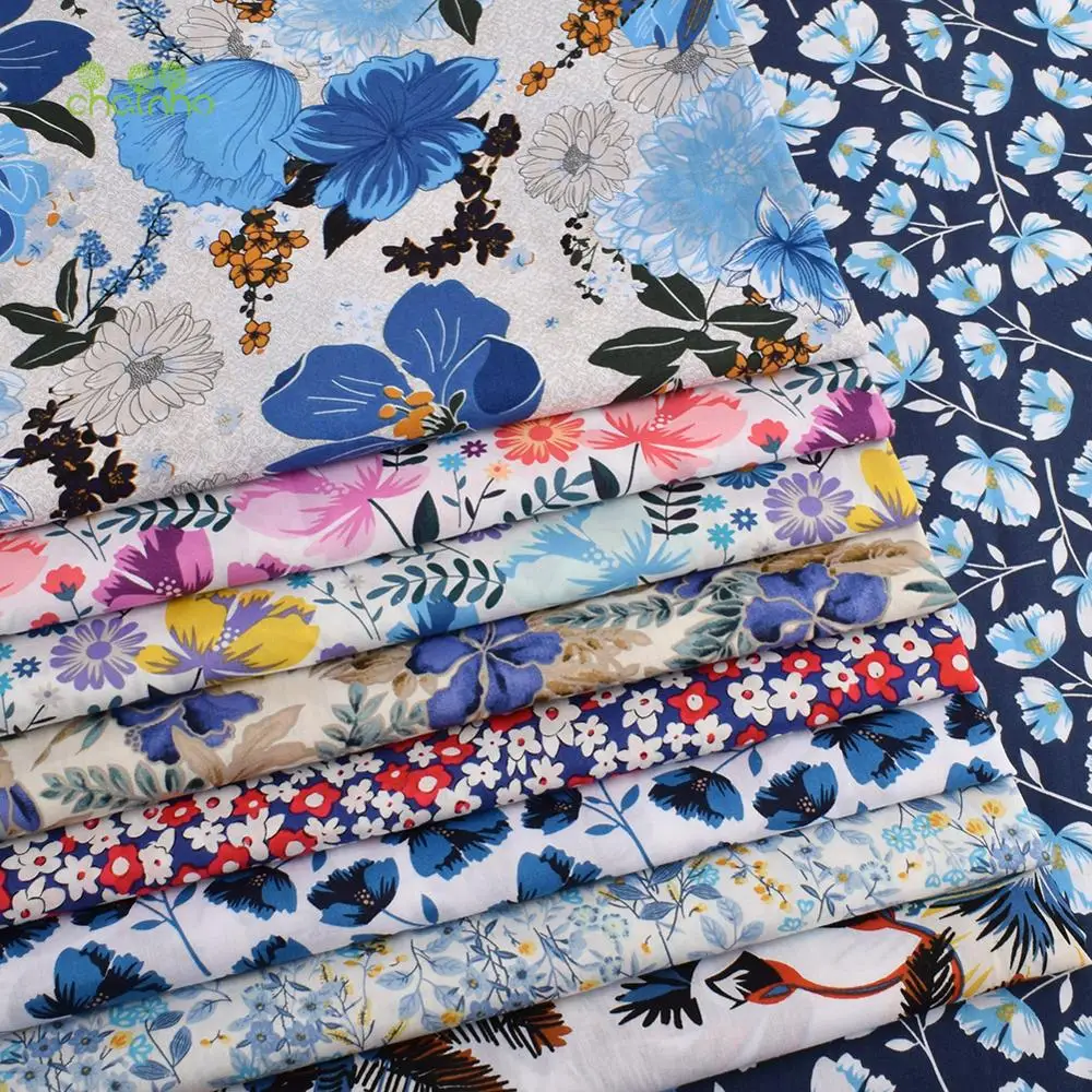 Chainho,Printed Plain Weave Poplin Cotton Fabric,DIY Quilting Sewing Material,Patchwork Cloth,Floral Series,3 Sizes,15PC5,Big