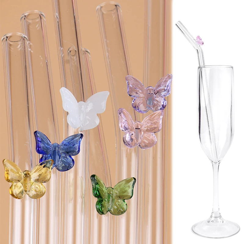 Butterfly Glass Straws Set Reusable Clear Straws For Smoothies Cocktails Drinking Eco Friendly Bar Tools Drinkware with Brush