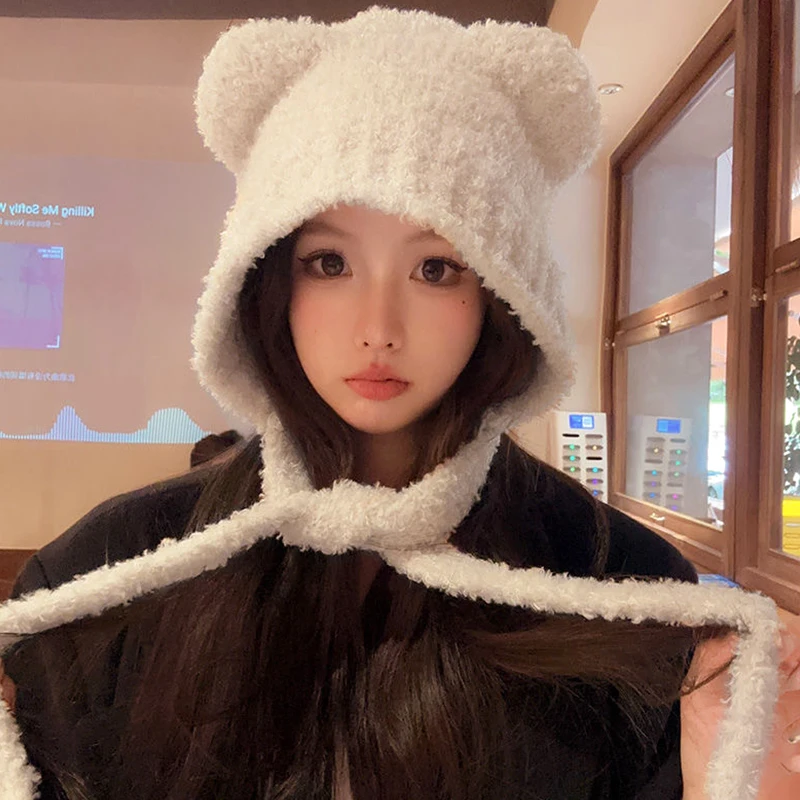 New Bear Ear Knitted Hat Women Winter Thicken Warm Plush Ear Protection Bonnet Cap Headgear Fashion Windproof Beanies Hat winter hat knitted earflap hat knit beanie hat