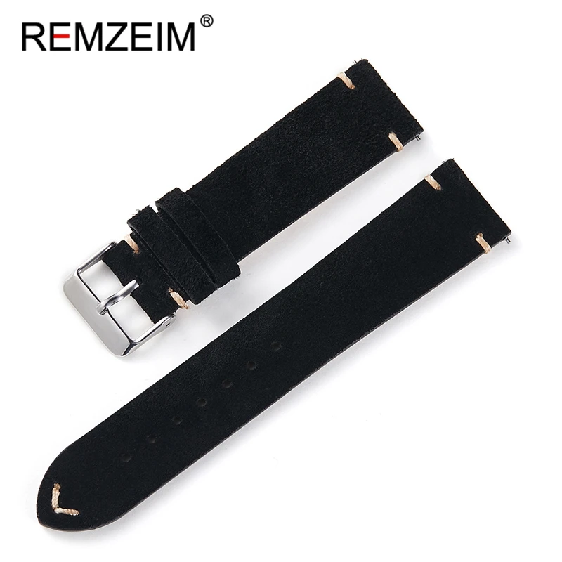 Vintage Handmade Soft Suede Leather Watch Band with Retro Stitching