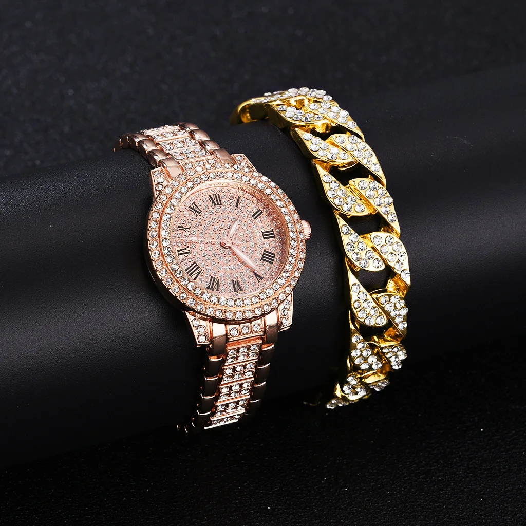 2PCS Luxury Iced Out Watch Bracelet for Women Sliver Gold Diamond Ladies Watches Cuban Chain Jewelry Set Relojes Para Mujer Gift